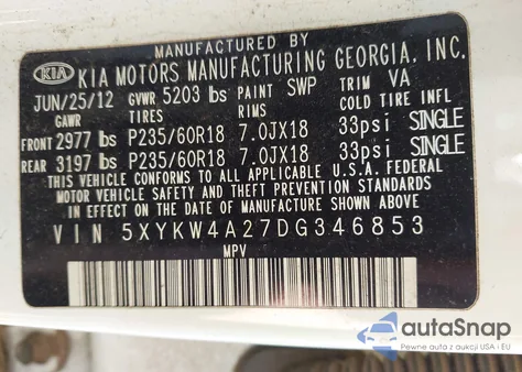 2013 Kia Sorento Sx z USA, uszkodzony, nr VIN 5XYKW4A27DG346853